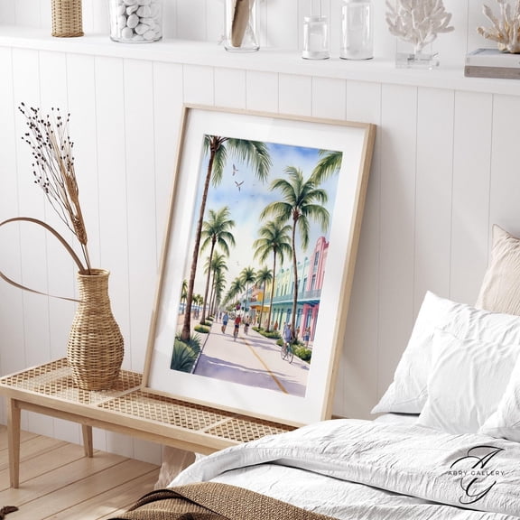 Miami Beach Palm Trees Art Poster: Ocean Drive Cityscape, Stretched Canvas Size 8x12