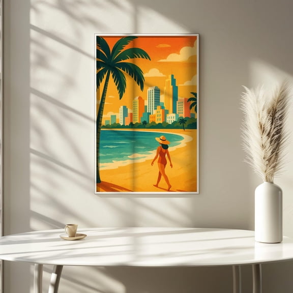 Miami Beach Retro Travel Poster Vintage Coastal Florida Art Poster Colorful Summer Cityscape Wall Decor, Unframed Poster Size 16x24