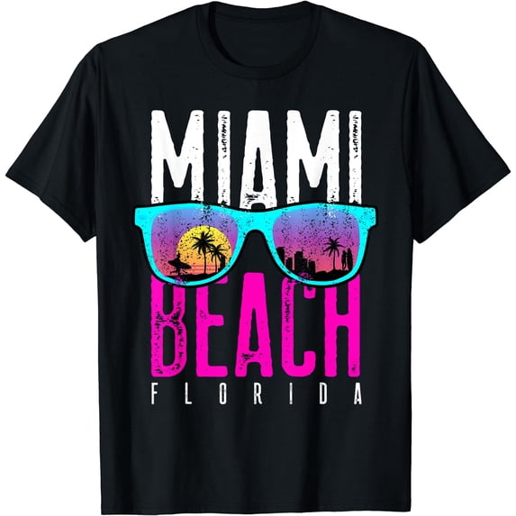 Miami Beach Shirt Florida Sunset Retro Souvenir Surf Miami T-Shirt Black Large