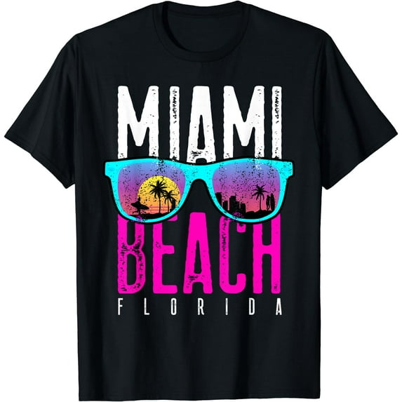 Miami Beach Shirt Florida Sunset Retro Souvenir Surf Miami T-Shirt Black Small