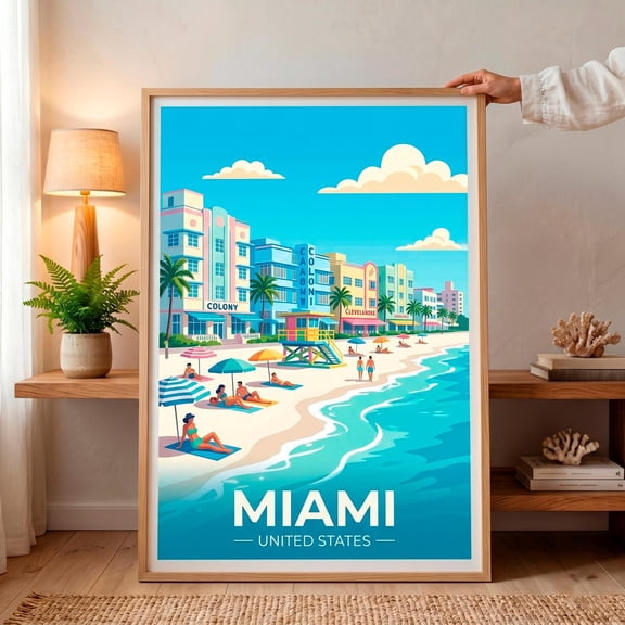 Miami Beach Travel Retro Art Deco Wall Art South Beach Miami Print Pastel Coastal Room Decor Florida Beach House Art