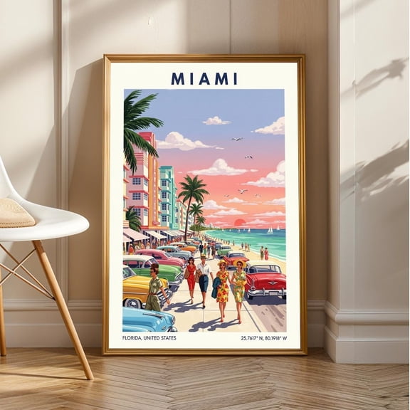 Miami Beach Vintage Cars Poster: Retro Gouache Travel Art, Unframed Poster Size 16x24