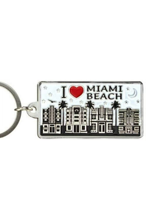 Miami Beach White Skyline Rectangular Metal Keychain 2.5 inches X 1.5 inches