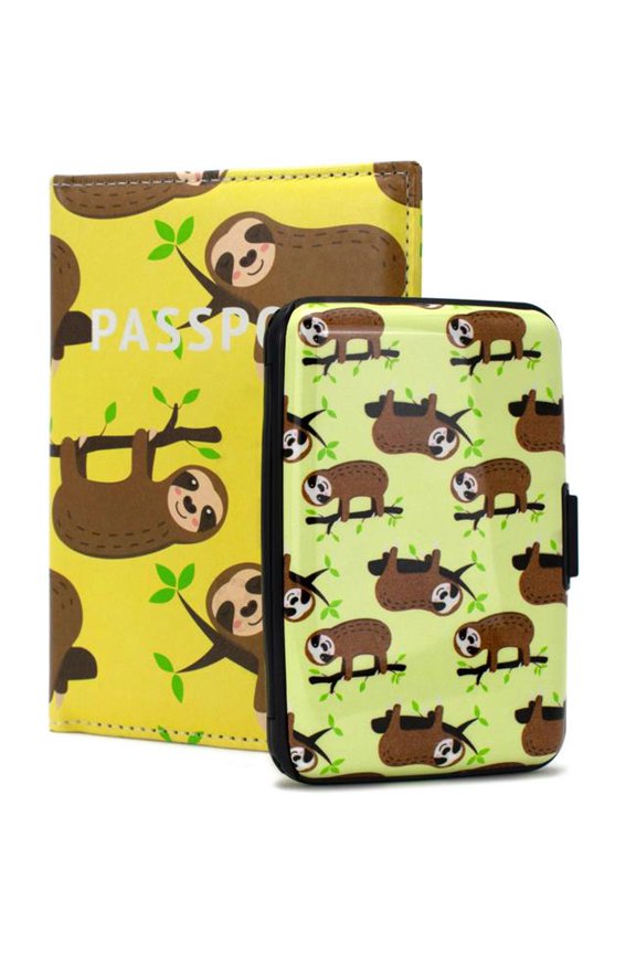 RFID Protected Wallet and Passport Cover Set (Happy Sloths)
