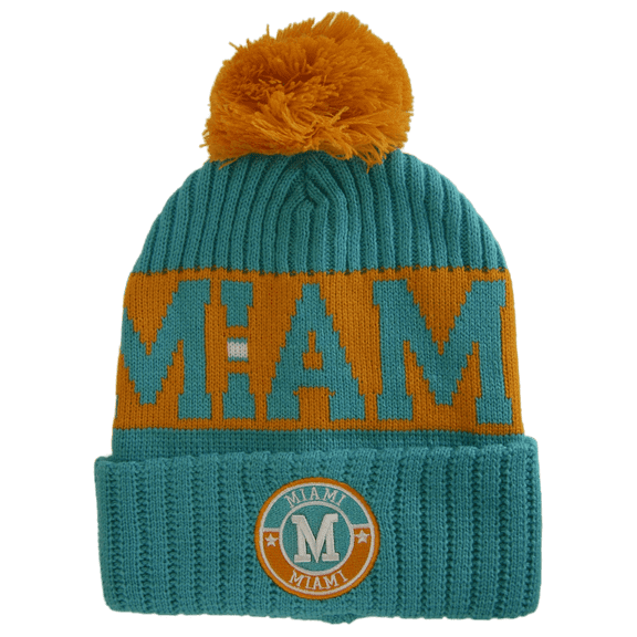 Miami City Name Three Stripe Circular Patch Pom Beanie Winter Hat (Aqua/Orange)