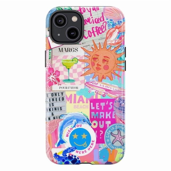 Miami Collage Aesthetic Phone Case, Retro Vacation Scrapbook Style Protective Cover with Sun, Smiley, Beach and Quote Stickers for iPhone 17 16 15 14 13 12 11 Plus Pro Max Mini