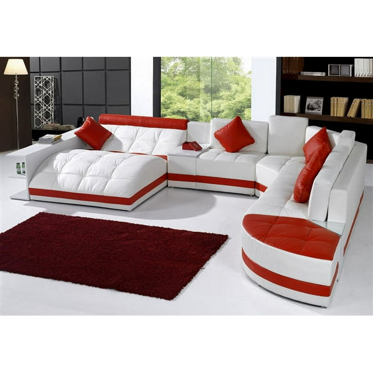 Miami Contemporary Leather Sectional Sofa Set White Red
