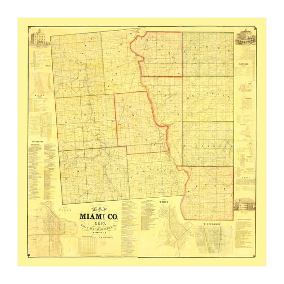 Miami County Ohio Art, 1858 Vintage Map of Miami County OH History Wall Decor Gift, Old Miami County OH Map - 42" x 42" Unframed Print