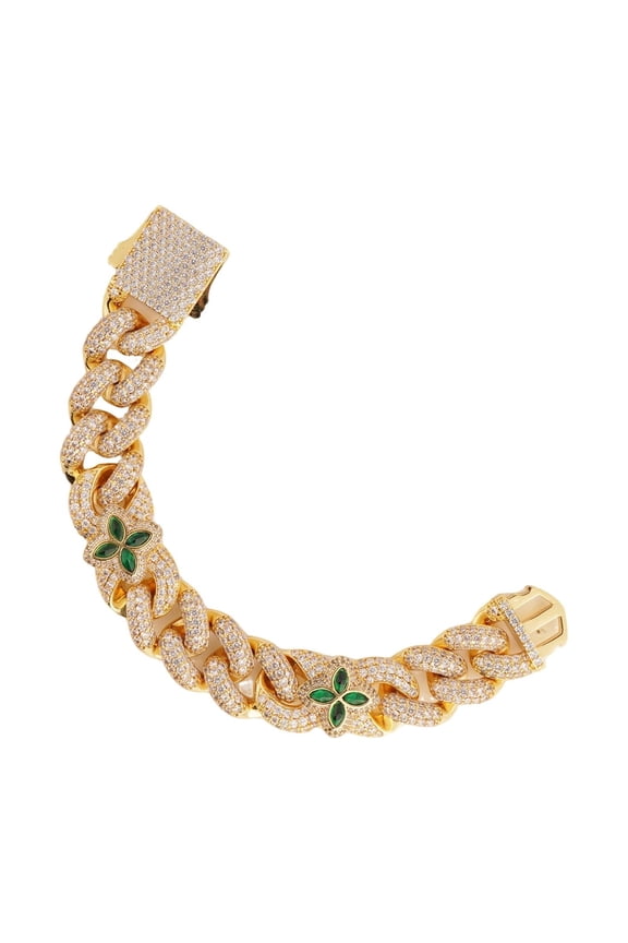 Miami Cuban Link Iced Out Bracelet,Copper Gold Silver Four-Leaf Zirconia Chain,7 & 8inch Hip Hop Jewelry Set for Men Women,Couple Friend Rapper Gift