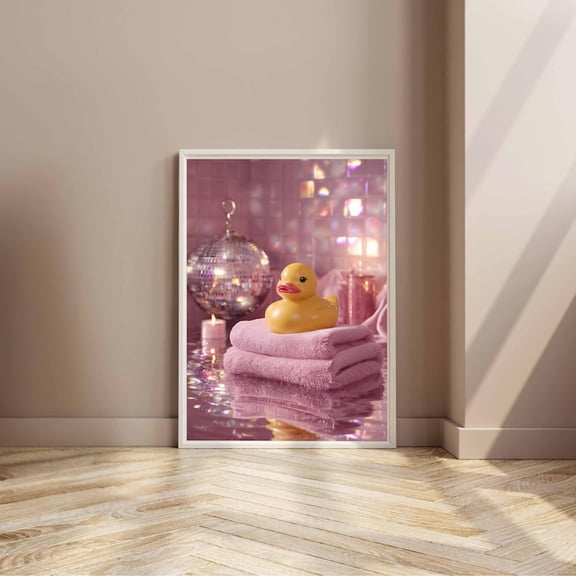 Miami Disco Bath Duck Print, Glam Pink Bathroom Art Home Decor #2279, Unframed Canvas Size 8x12