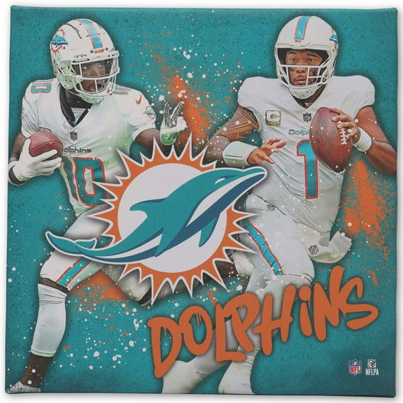 Miami Dolphins 12" x 12" Team Logo and Players Splash Canvas Art