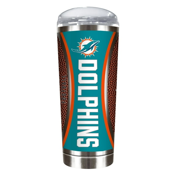 Miami Dolphins 18 ounce vacuum insulated stainless steel team tumbler with Gameball graphic wrap