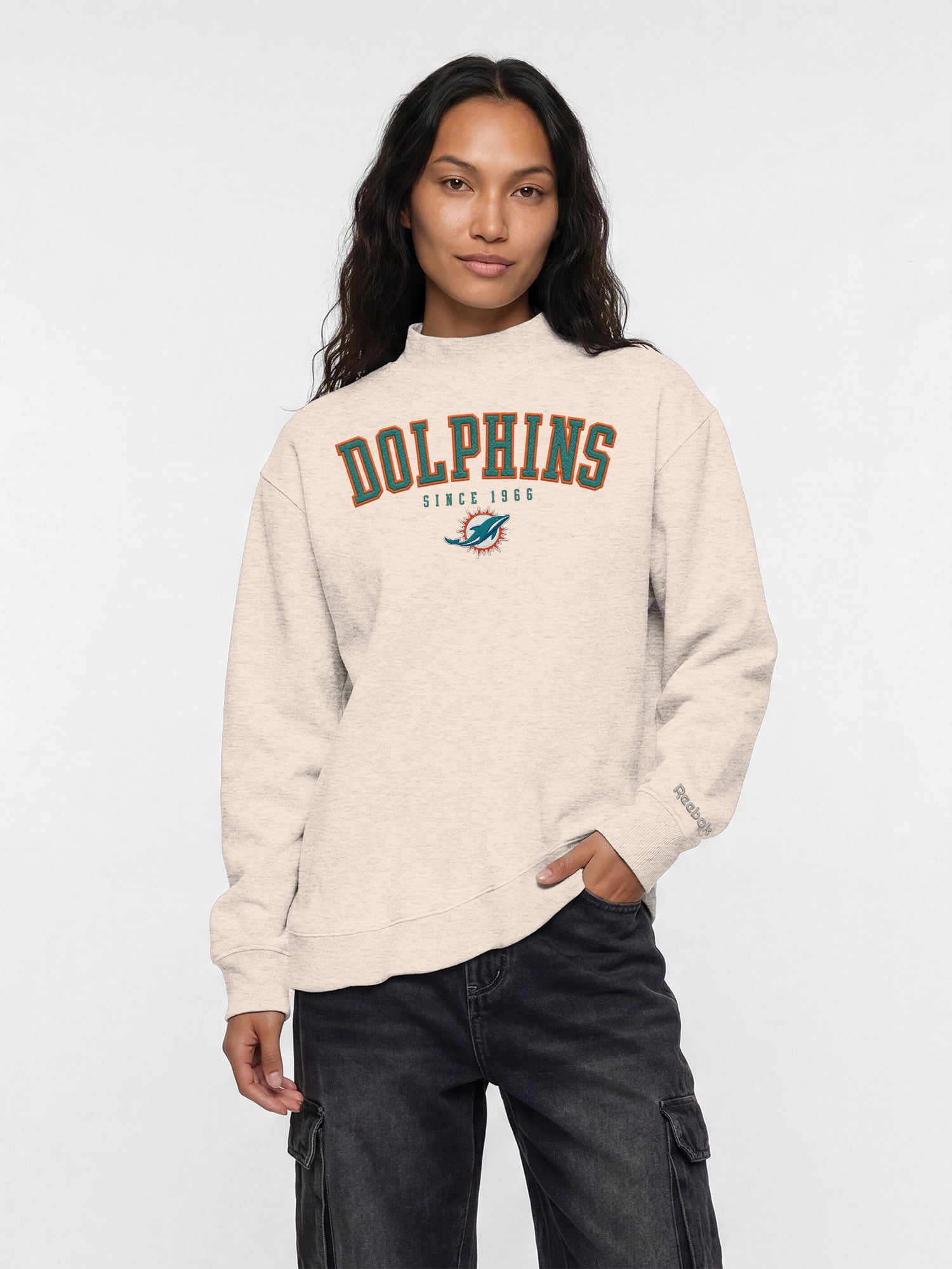 Miami Dolphins Reebok Womens Oat Mock Neck Oversized Tunic Sweatshirt