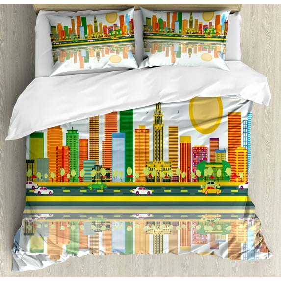 Miami Duvet Cover Set Queen Size, North American City Skyline with Water Reflection Colorful High Rise Buildings Cars, Decorative 3 Piece Bedding Set with 2 Pillow Shams, Multicolor, by Ambesonne
