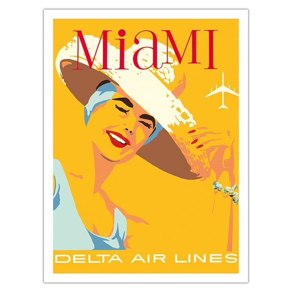 Miami Florida - Delta Air Lines - Vintage Airline Travel Poster by John Hardy c.1960s - Bamboo Fine Art 290gsm Paper (Unframed) 12x16in