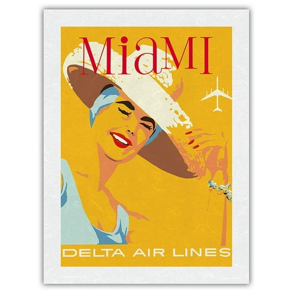 Miami Florida - Delta Air Lines - Vintage Airline Travel Poster by John Hardy c.1960s - Japanese Unryu Rice Paper Art Print 24 x 32 in