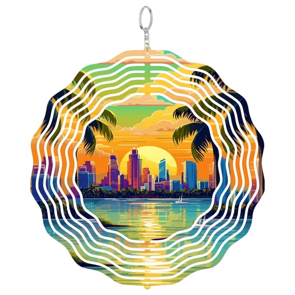 Miami Florida Downtown 3D Wind Spinner Stainless Steel Kinetic Art Garden Decor Biscayne Bay Skyline Gift