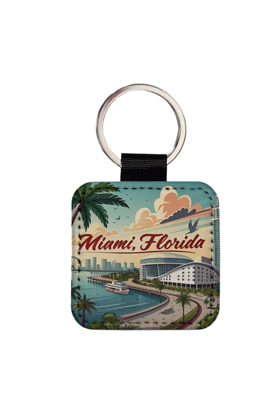 Miami, Florida FL Travel City State Stamp Faux Leather Square Keychain