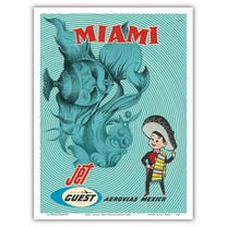 Miami Florida - Guest Aerovias Mexico - Vintage Airline Travel Poster c.1960s - Master Art Print (Unframed) 9in x 12in