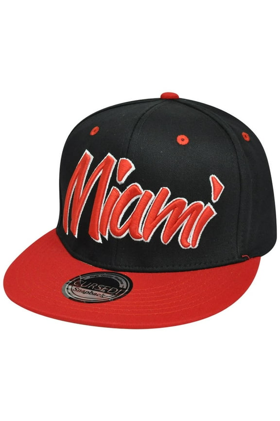 Miami Florida MIA Italic Script Flat Bill Snapback Black Red Adjustable Hat Cap