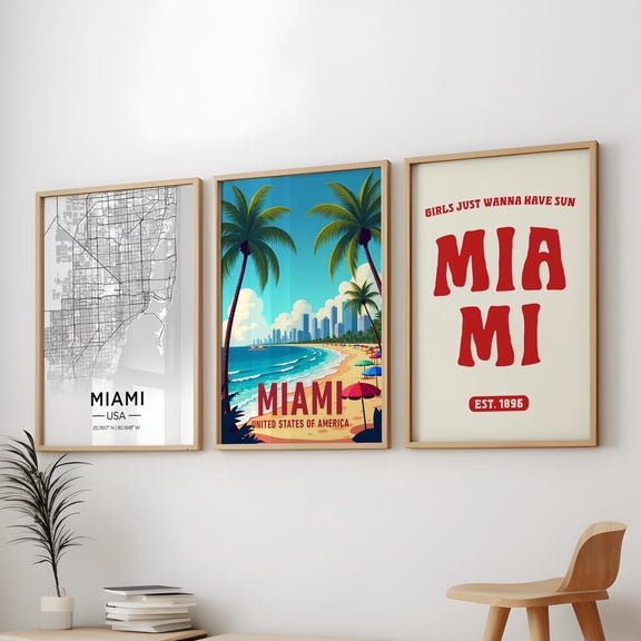 Miami Florida Map Beach City Tropical Decor Wall Art Set 3 Stretched Canvas 12x18