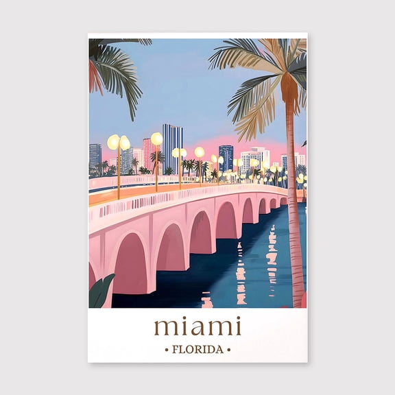 Miami Florida Night Travel Canvas, MacArthur Causeway Bridge Wall Art, Neon Cityscape Print, Coastal City Decor