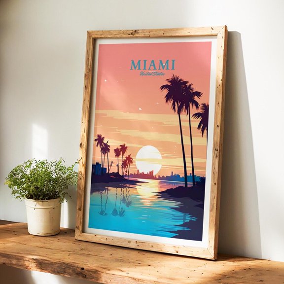 Miami Florida Palm Tree Travel Wall Art Decor Unframed Paper Print