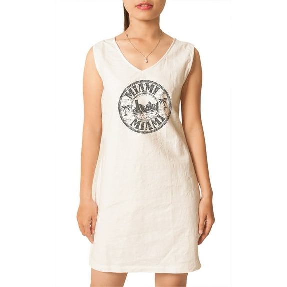 Miami - Florida Printed Vintage V-neck Linen Mini Shift Dress WDS_02 14