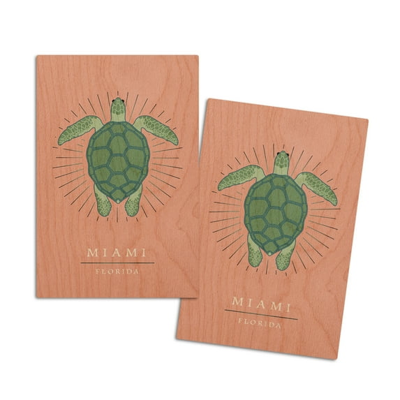 Miami, Florida, Sea Turtle, Pink Press (4x6 Birch Wood Postcards, 2-Pack Stationary, Rustic Home Wall Decor)