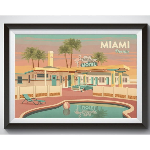 Miami Florida Travel Poster, Usa, Retro Miami Print, Vintage Motel Art, Americana, Route 66, National Park Poster, Spring Break, Magic City Wall Art, Modern Wall Decor, 24x36 UNFRAMED