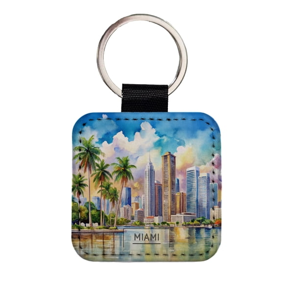 Miami Florida Travel Watercolor Faux Leather Square Keychain