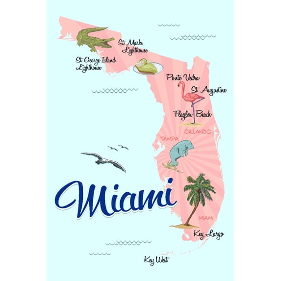 Miami, Florida, Typography and Icons, Pink and Blue (24x36 Giclee Gallery Art Print, Vivid Textured Wall Decor)