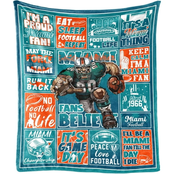 Miami Blanket for Men Women, Football Style Gifts for Team Fans, Football Decor Throw Blanket for Sofa Couch Bed Living Room 60" x 50"