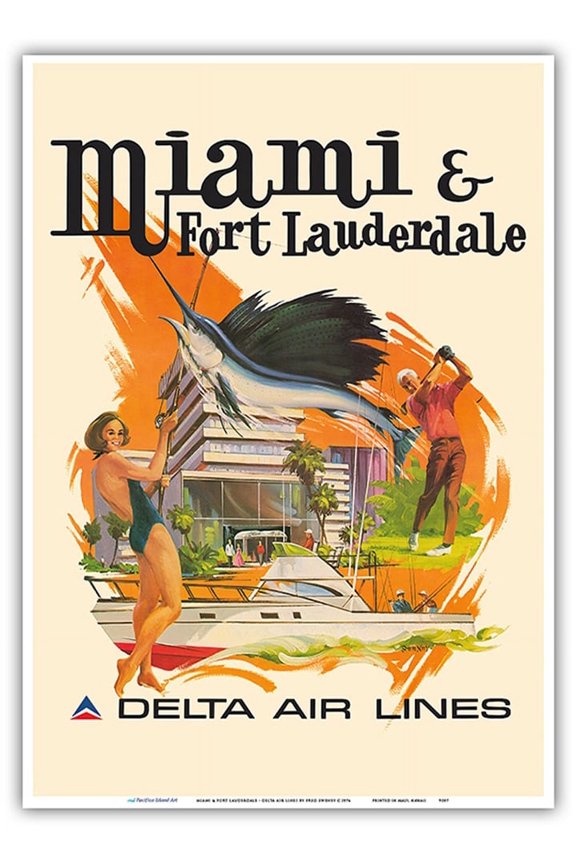 Miami & Fort Lauderdale Florida - Delta Air Lines - Vintage Airline Travel Poster by Fred Sweney c.1974 - Master Art Print 10in x 14in