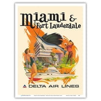 Miami & Fort Lauderdale Florida - Delta Air Lines - Vintage Airline Travel Poster by Fred Sweney c.1974 - Master Art Print (Unframed) 9in x 12in