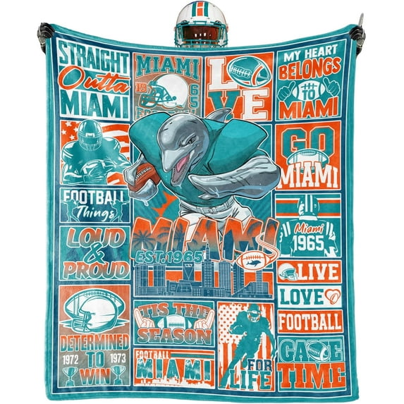 Miami Gifts for Men Women, Miami Football Blanket, Green and Orange Team Color Style, Football Merch Gear, Soft Flannel Throw Blankets 50"x60".