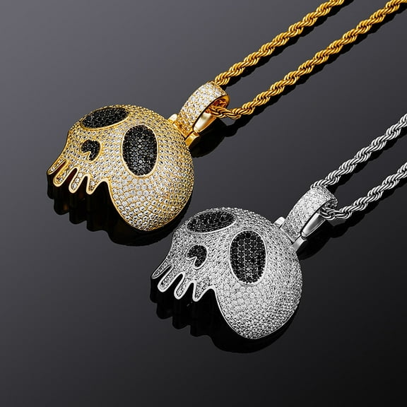Miami Hip Hop Skull Pendant Necklace, Copper with Zirconia Bling Chain, Halloween Easter Christmas Gothic Jewelry for Men and Women