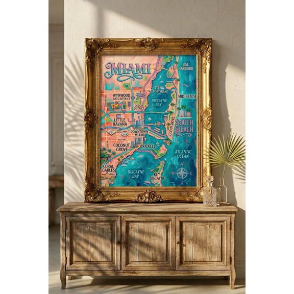 Miami Map Print South Beach Bal Harbour Coral Gables Peach And Turquoise, Unframed Paper Print