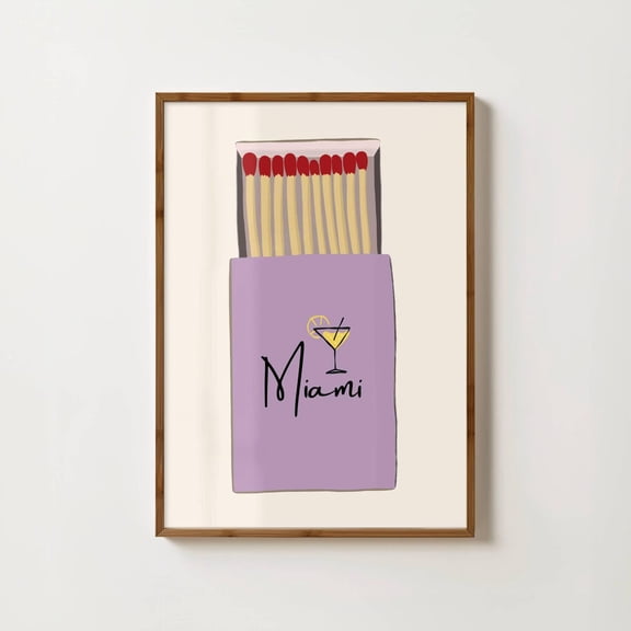 Miami Matchbox Print Florida Travel Print Bar Cart Decor Retro Matchbook Miami Wall Art Matches Art Miami Unique Travel Home Decor #1129, Unframed Canvas Size 8x12