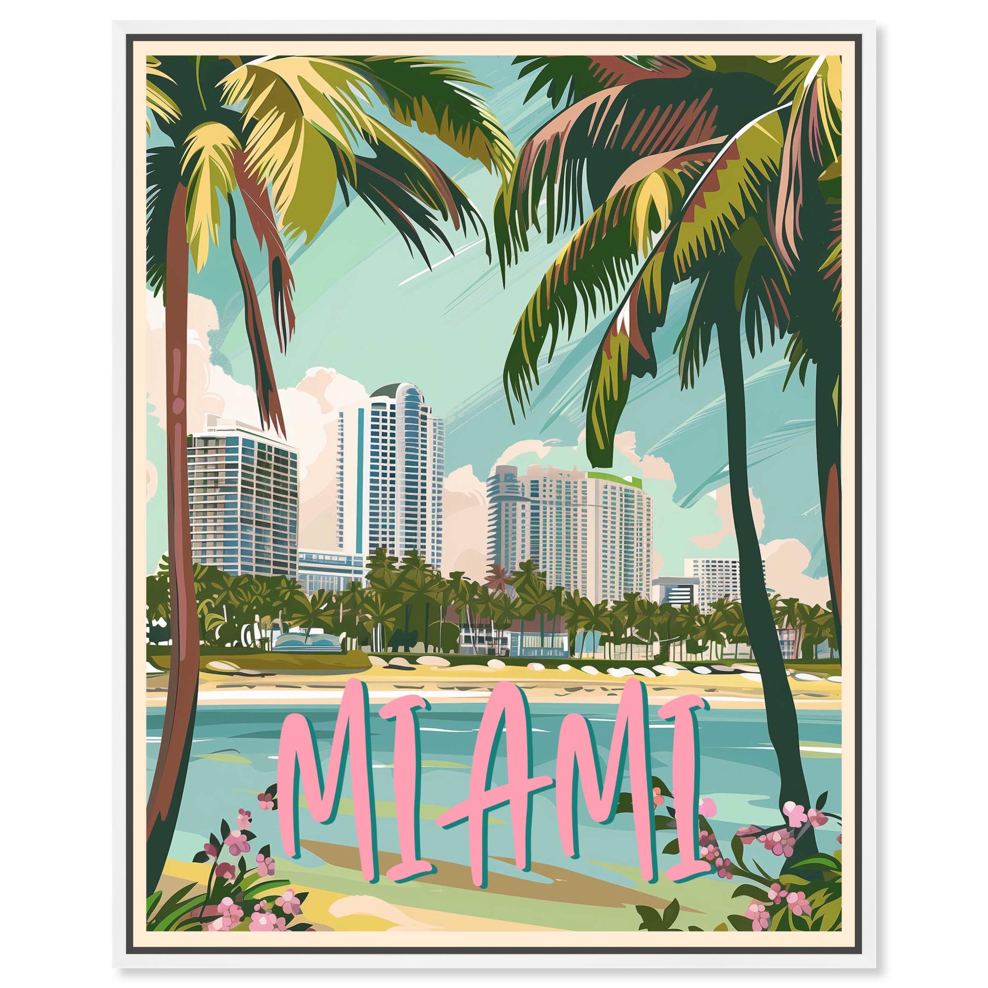 Miami Postcard Canvas Beach Coastal Art by Art Remedy, White Frame, 24 ...