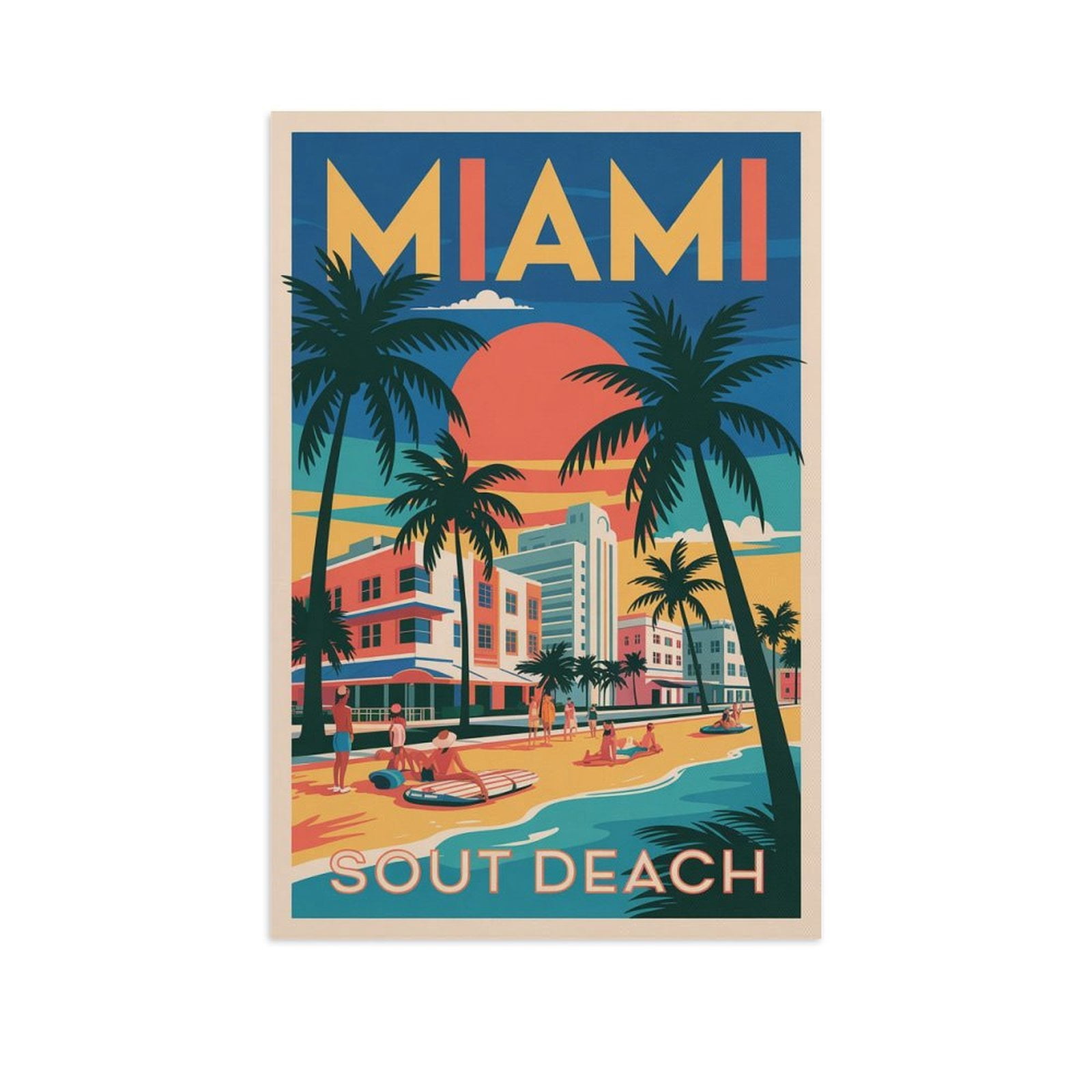 Miami Retro Travel Poster Vintage American City Tourism with Art Deco ...