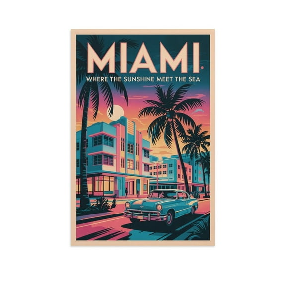 Miami Retro Travel Poster Vintage U.S. City Tourism with Art Deco & Ocean Drive Print Poster