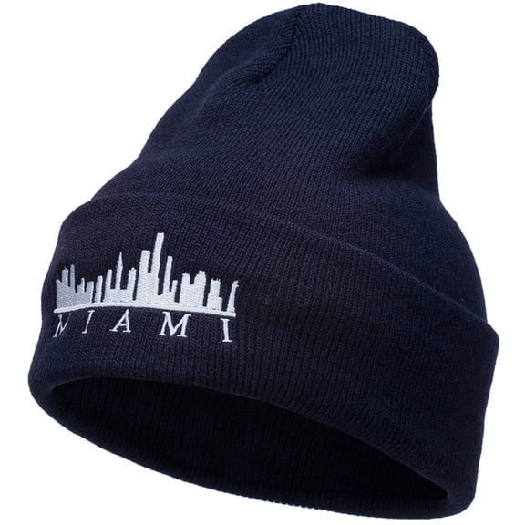 Miami Skyline Embroidered Cuffed Long Beanie - Navy OSFM