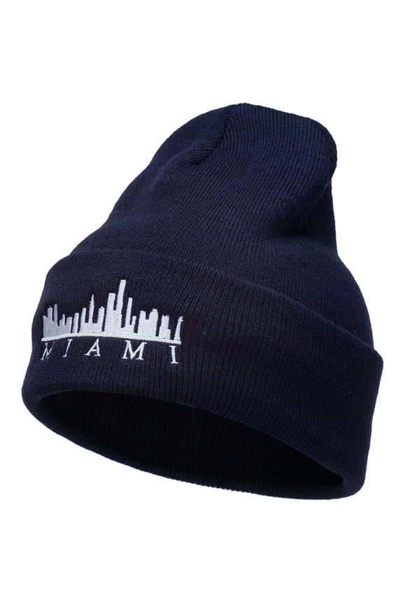 Miami Skyline Embroidered Cuffed Long Beanie - Navy OSFM