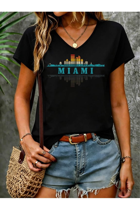 Miami Skyline Florida FL Vintage Pride Retro V Neck T-Shirt Cotton Women's V Neck Graphic Tee, Casual Short Sleeve Shirt,Vacation Outfit