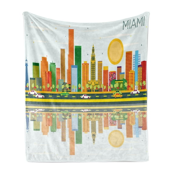 Miami Soft Flannel Fleece Blanket, North American City Skyline with Water Reflection Colorful High Rise Buildings Cars, Cozy Plush for Indoor and Outdoor Use, 50" x 70", Multicolor, by Ambesonne