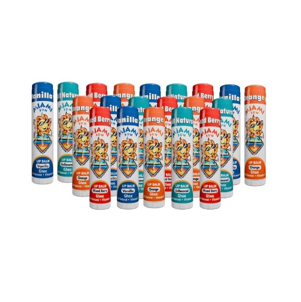 Miami Sun Natural Lip Balm Variety Pack – Mixed Berry, Unflavored, Orange & Vanilla Bean – Moisturizing & Hydrating Lip Care with Ghee (20 pcs)