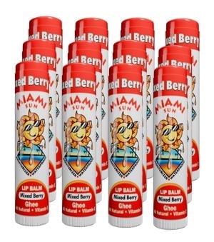 Miami Sun Natural Lip Balm – Mixed Berry – Moisturizing & Hydrating Lip Care with Ghee, Jojoba & Avocado Oils (12 pcs)