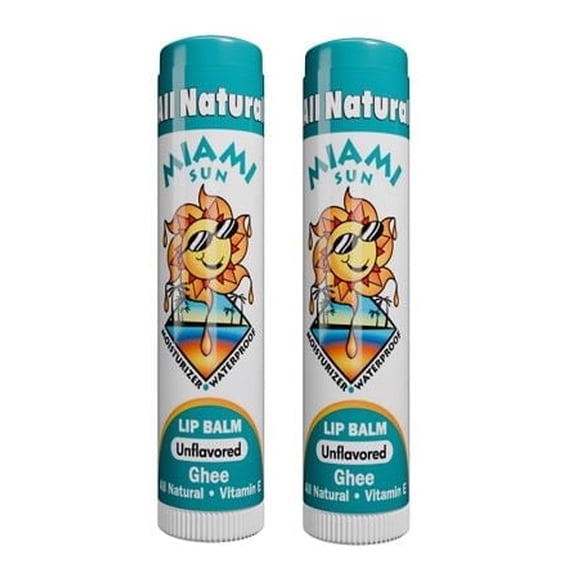 Miami Sun Natural Lip Balm – Unflavored – Moisturizing & Hydrating Lip Care with Ghee, Jojoba & Avocado Oils (2 pcs)