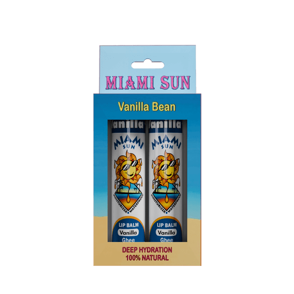 Miami Sun Natural Lip Balm  Vanilla Bean  Moisturizing & Hydrating Lip Care with Ghee, Jojoba & Avocado Oils, Gift Set (2)